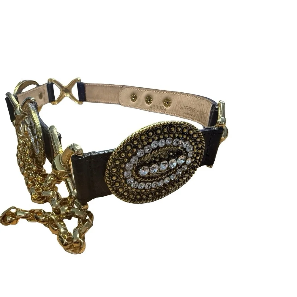 STREETS AHEAD 80S VTG WIDE LEATHER CRYSTAL GOLD CHAIN‎ MEDALLION BELT SML RUNWAY